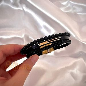 دستبند چرم طلای 18 عیار مشکی طرح مرواریدDT02