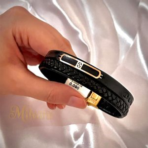 دستبند چرم طلای 18 عیار مشکی طرح لوزیDT05