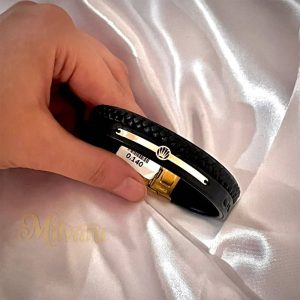 دستبند چرم طلای 18 عیار مشکی طرح کینگDT08
